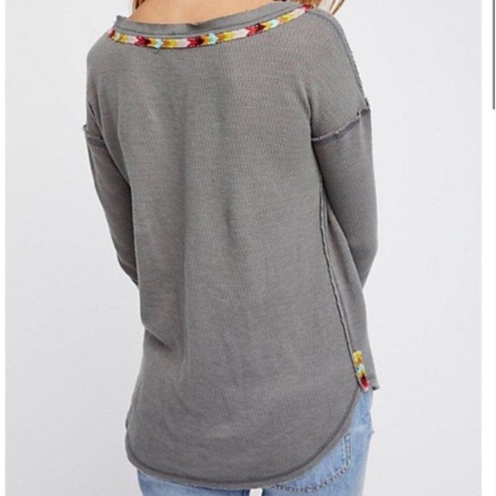 Free People Gray Long Sleeve Top with Multicolor Trim - Picture 2 of 15